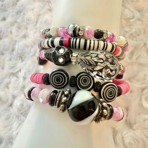 Pink and Black Handmade Beaded Bracelet Set